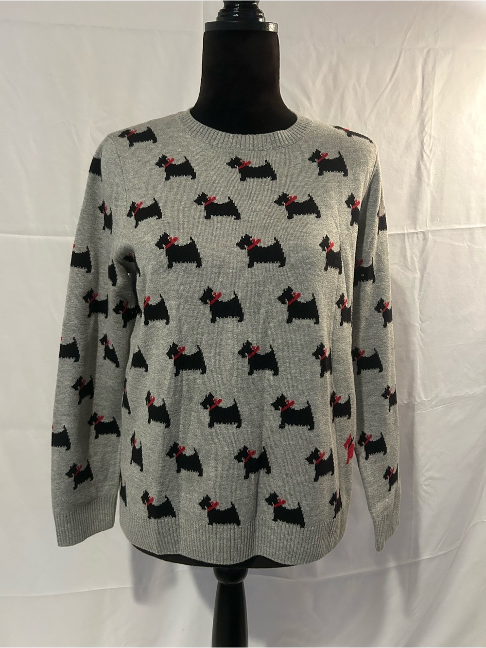 Charter Club Grey Crewneck Sweater with Black Scottie Dog Pattern and Red Bows